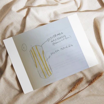 Sudraba gredzenā iestrādāta zelta inleja , jeb līnija, kas iet visapkārt gredzenam. Sudraba pamats- Ināra pati. Zelta inleja- kā atgādinājums par to visu labo, kas ir bijis kopdzīvē ar vīru, kā smalks un vienmēr klātesošs elements Ināras turpmākajās gaitās.