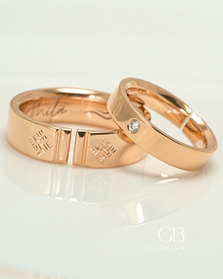 zelta laulību gredzeni ar briljantu un gravējumu